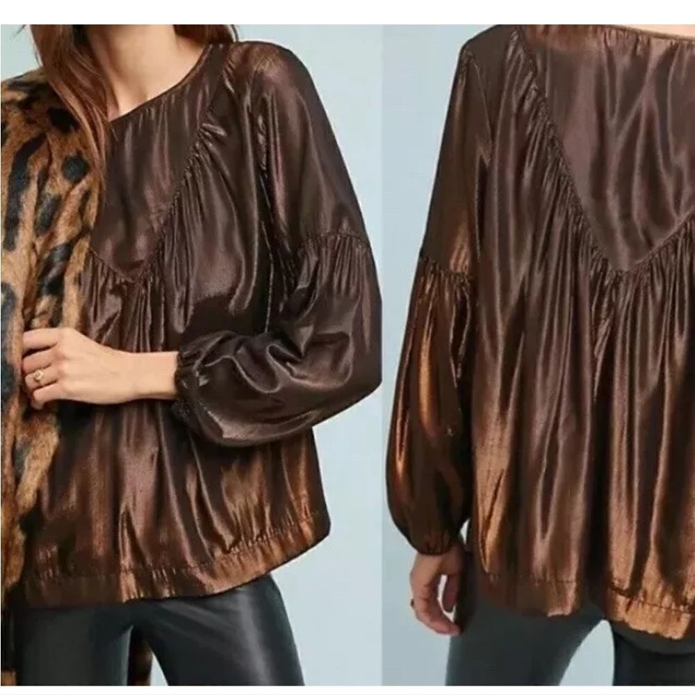 Anthropologie Metallic Bronze Balloon-Sleeve Blouse